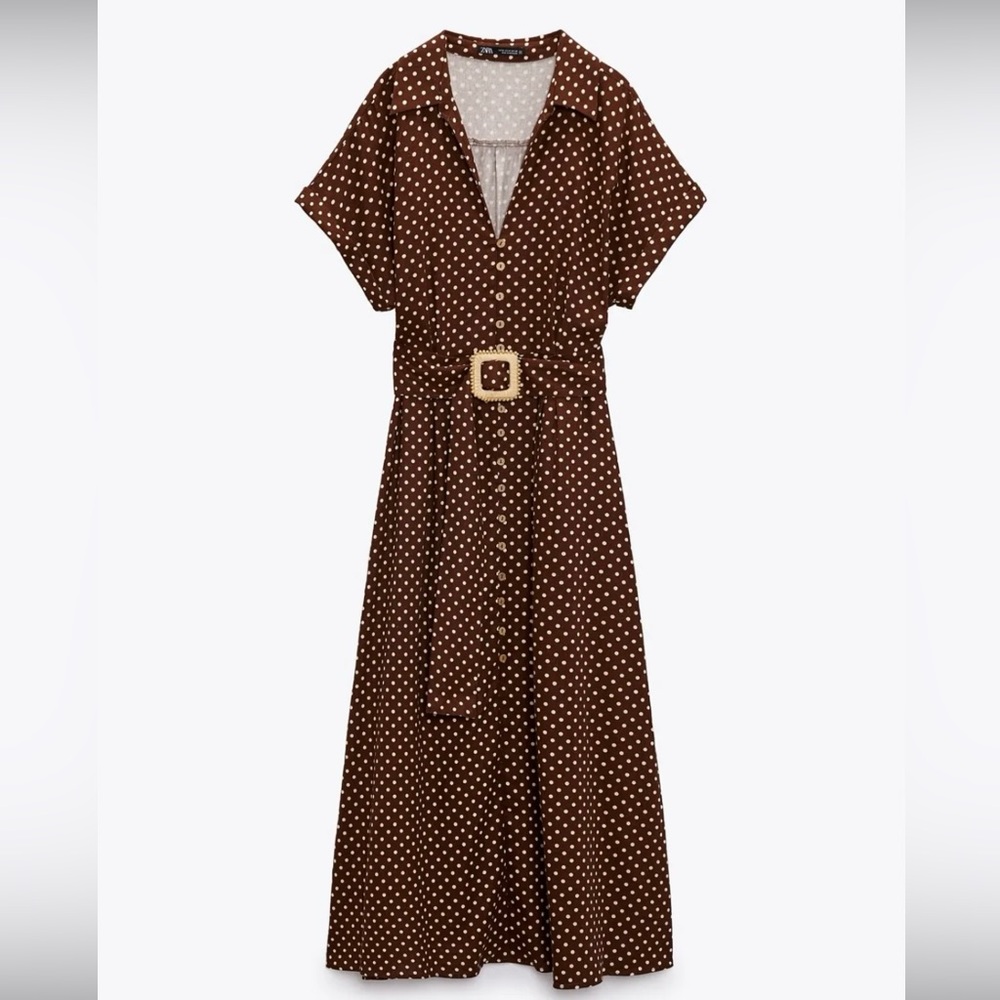 ZARA Linen Blend Brown Polka Dot Belted Dress with Rattan Detail Tea Length